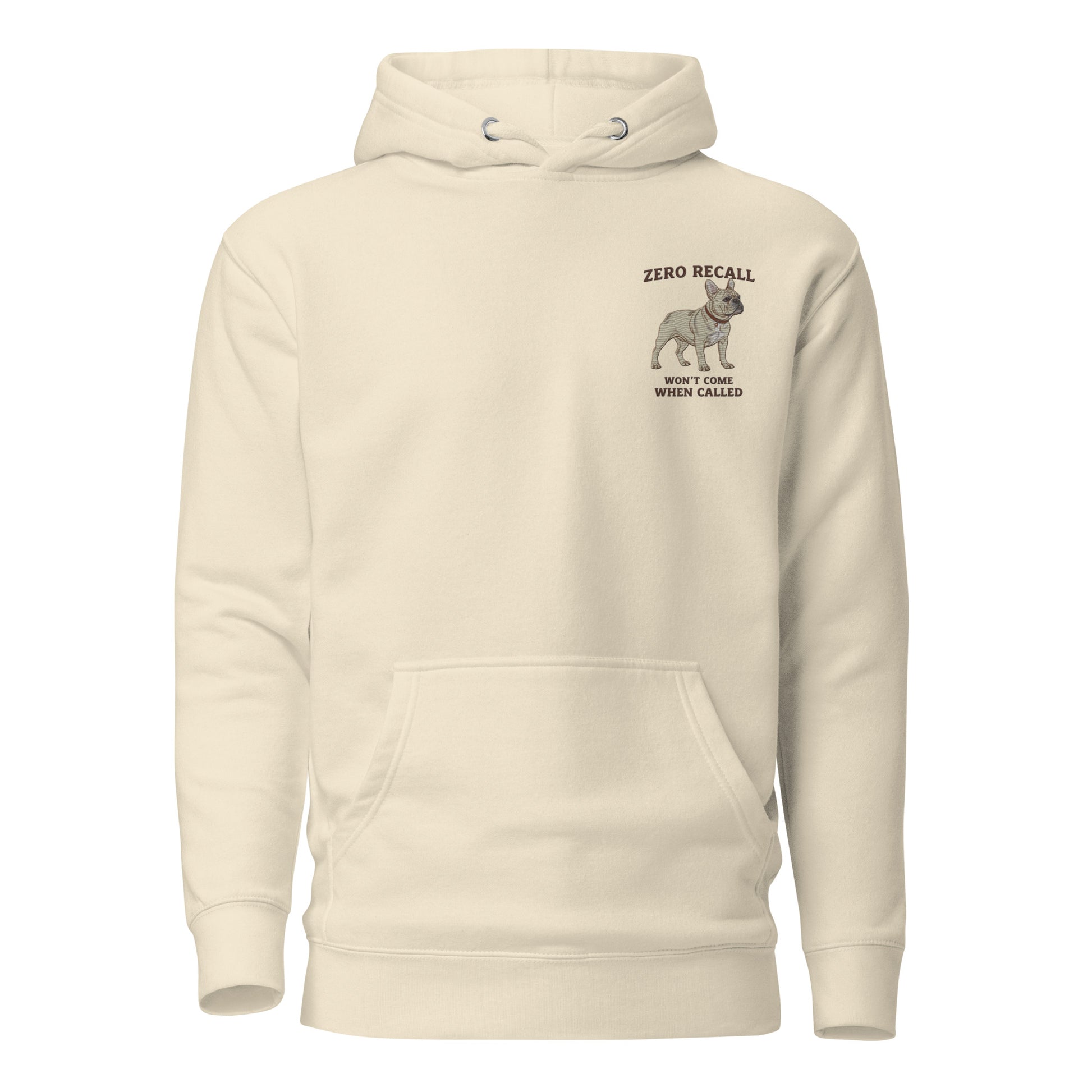Close-up of embroidered French Bulldog silhouette stitched on the hoodie, The Loyal Mark