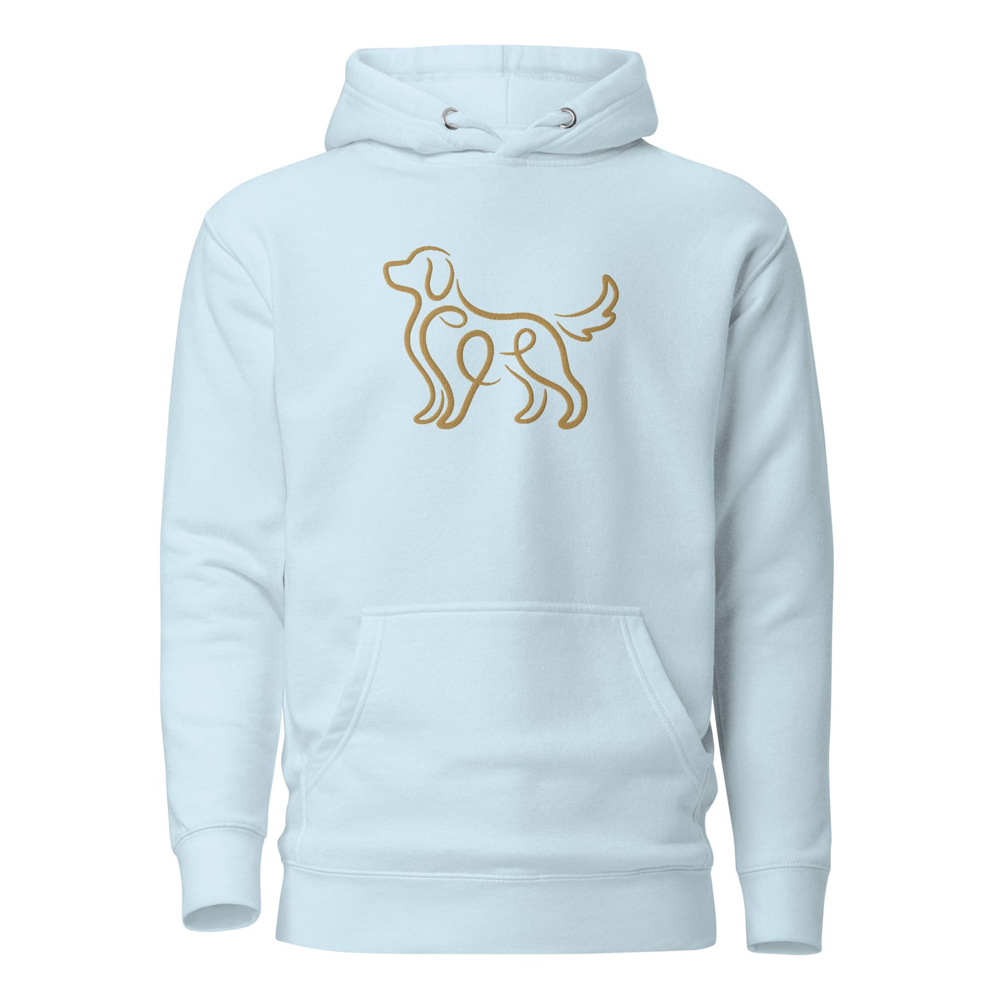 Close-up of embroidered Golden Retriever silhouette stitched on the hoodie, The Loyal Mark
