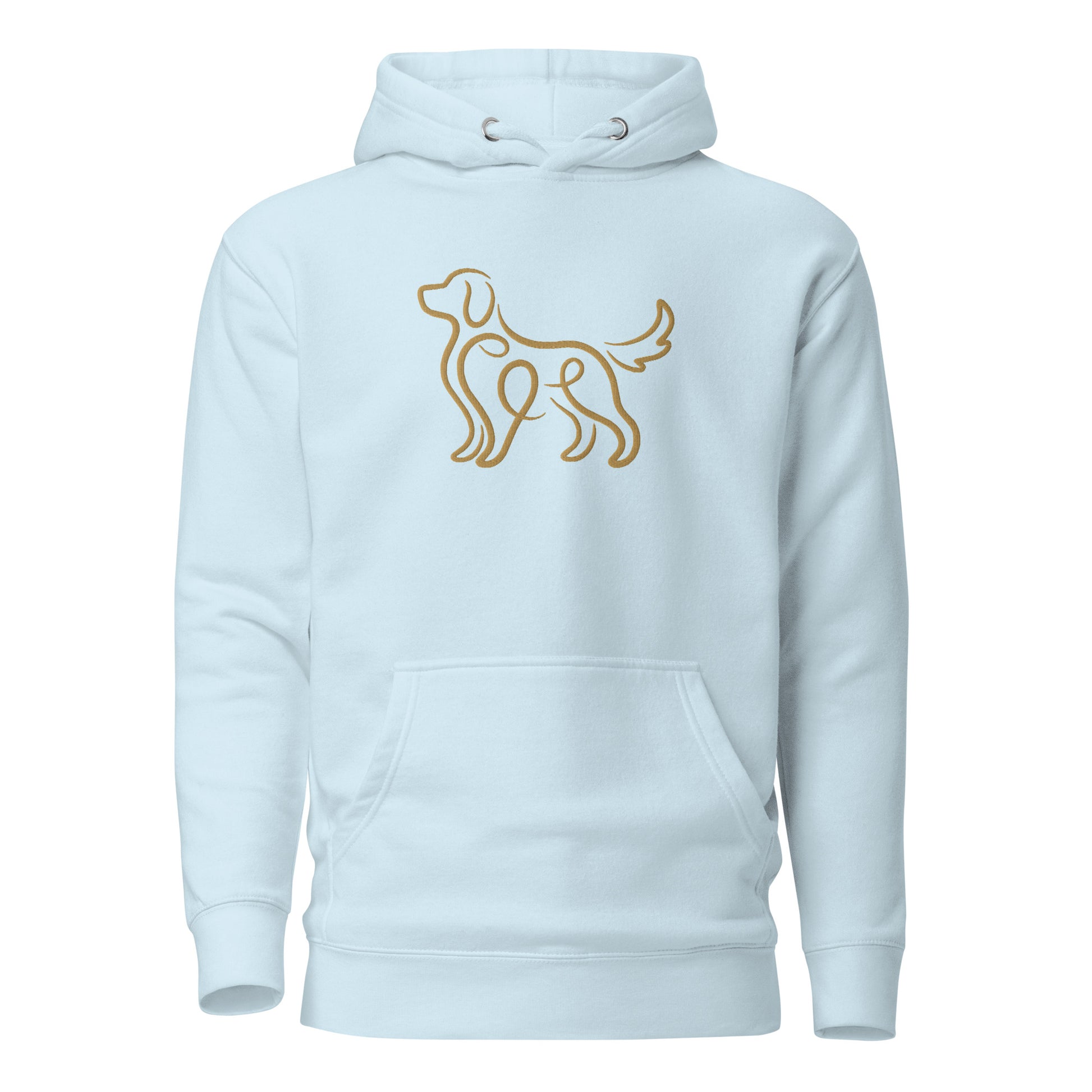 Close-up of embroidered Golden Retriever silhouette stitched on the hoodie, The Loyal Mark