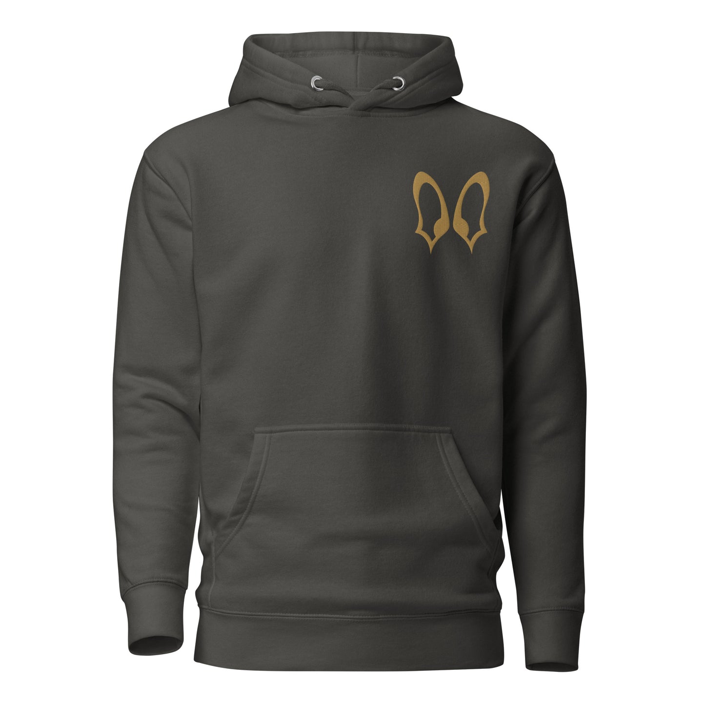 Close-up of embroidered French Bulldog silhouette stitched on the hoodie, The Loyal Mark