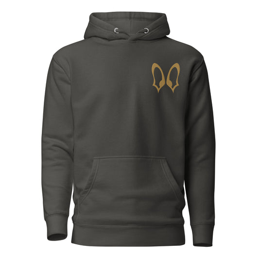 Close-up of embroidered French Bulldog silhouette stitched on the hoodie, The Loyal Mark