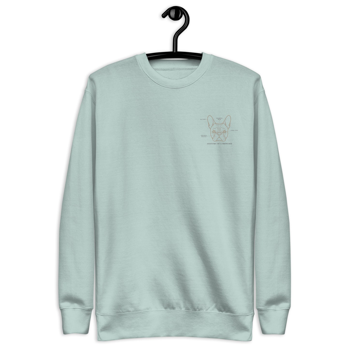 Lifestyle shot of the embroidered French Bulldog crewneck, The Loyal Mark