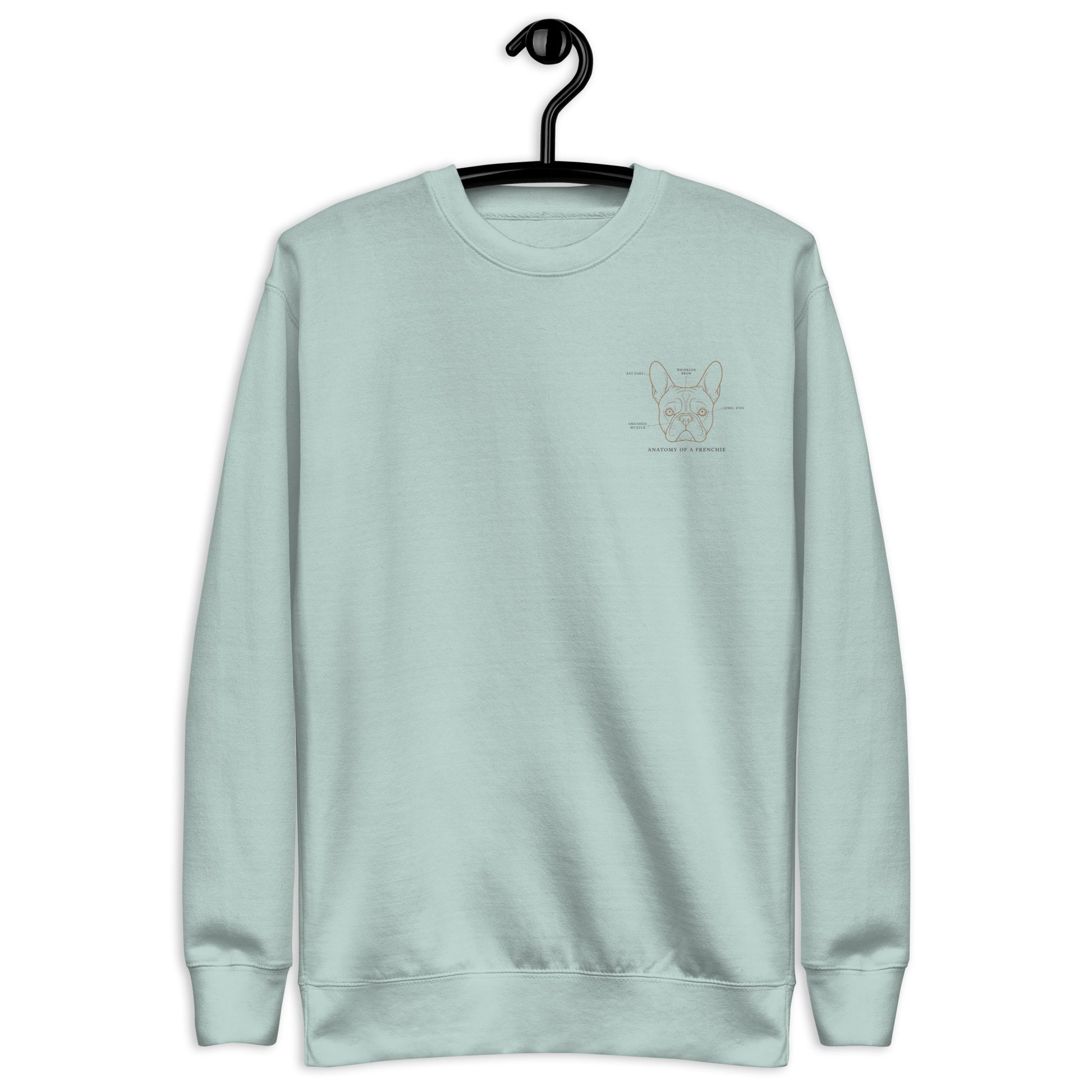 Lifestyle shot of the embroidered French Bulldog crewneck, The Loyal Mark