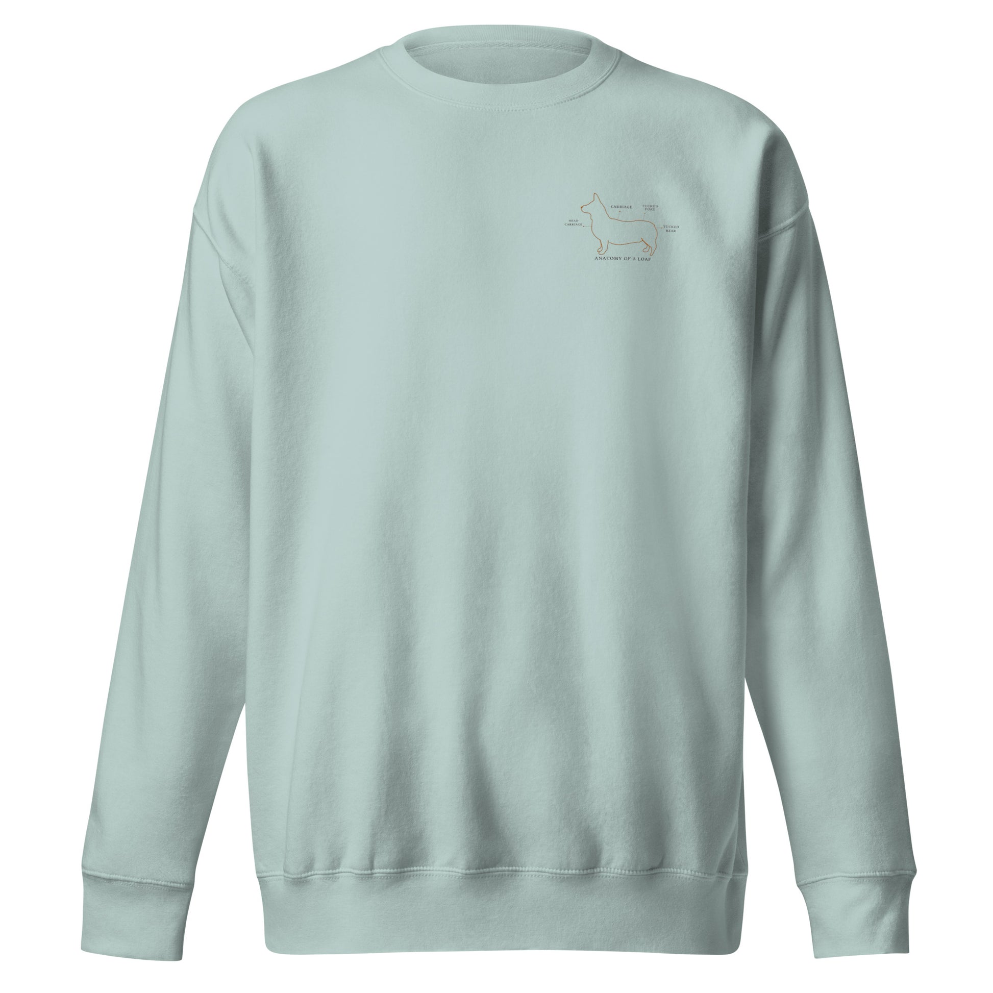 Close-up of embroidered Corgi silhouette stitched on the crewneck, The Loyal Mark
