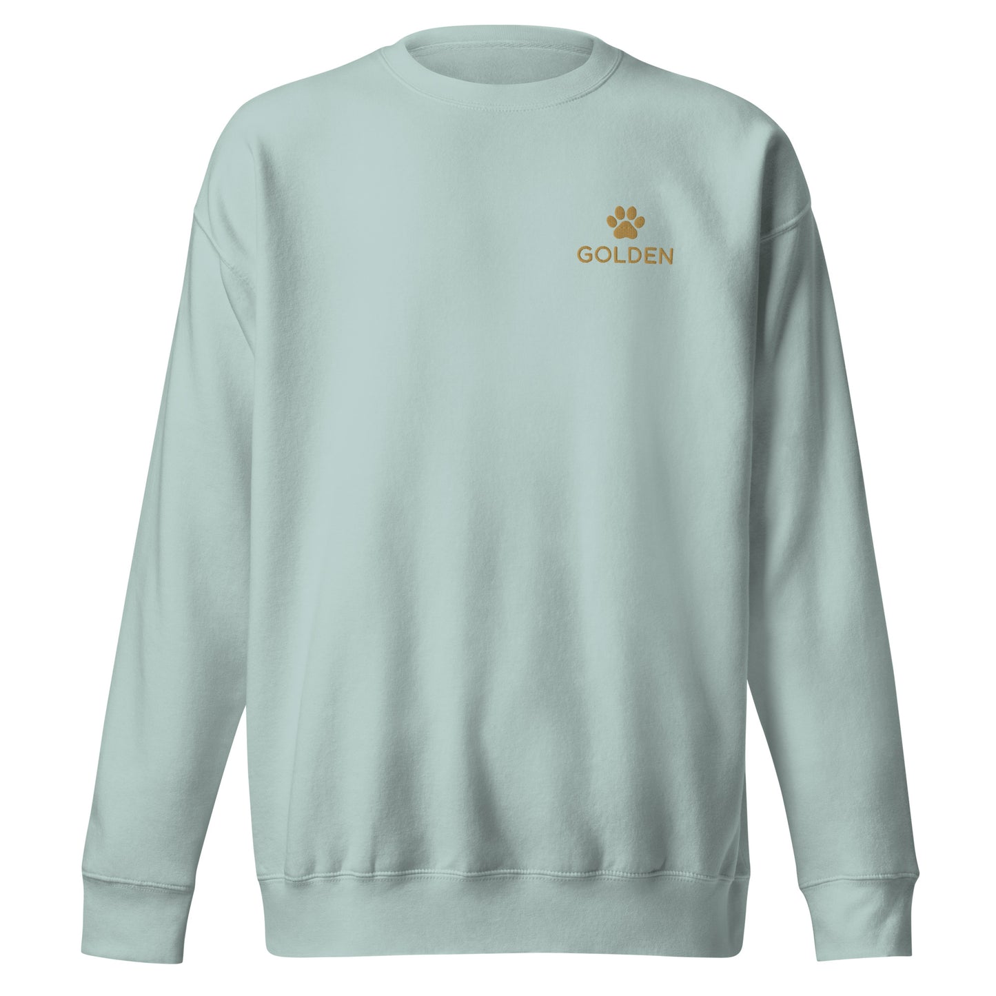 Close-up of embroidered Golden Retriever silhouette stitched on the crewneck, The Loyal Mark