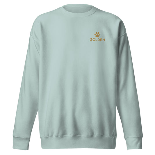 Close-up of embroidered Golden Retriever silhouette stitched on the crewneck, The Loyal Mark