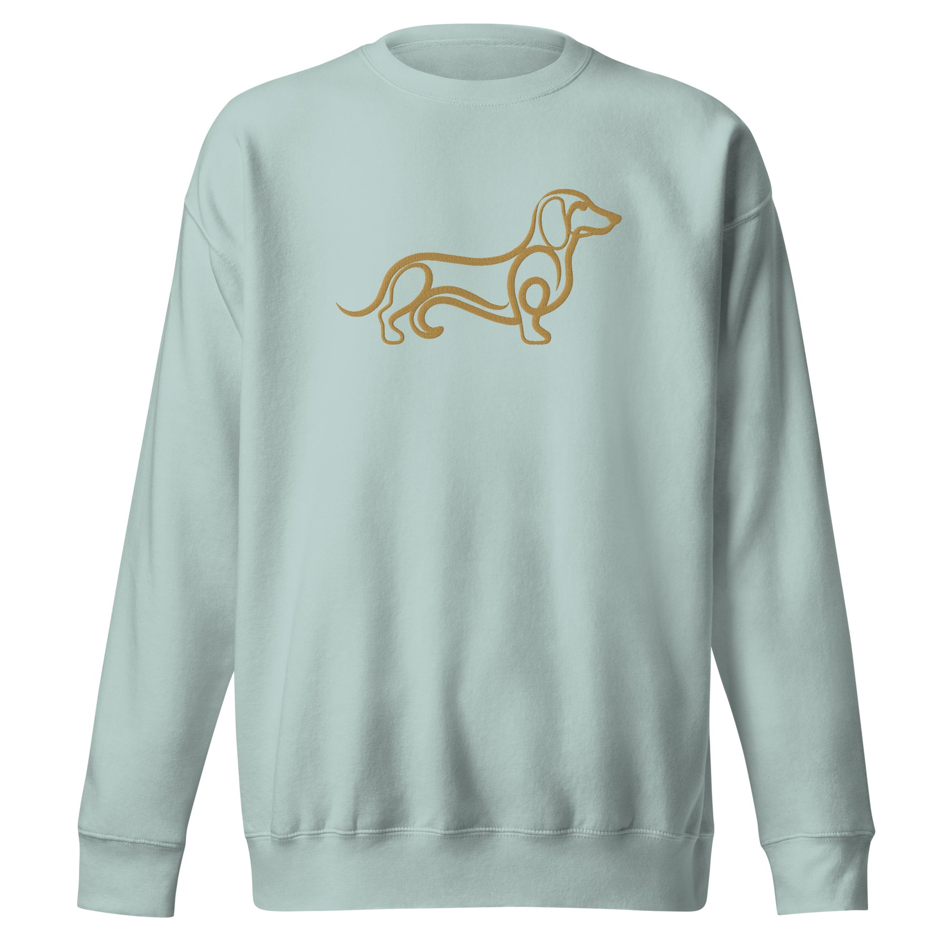 Close-up of embroidered Dachshund silhouette stitched on the crewneck, The Loyal Mark