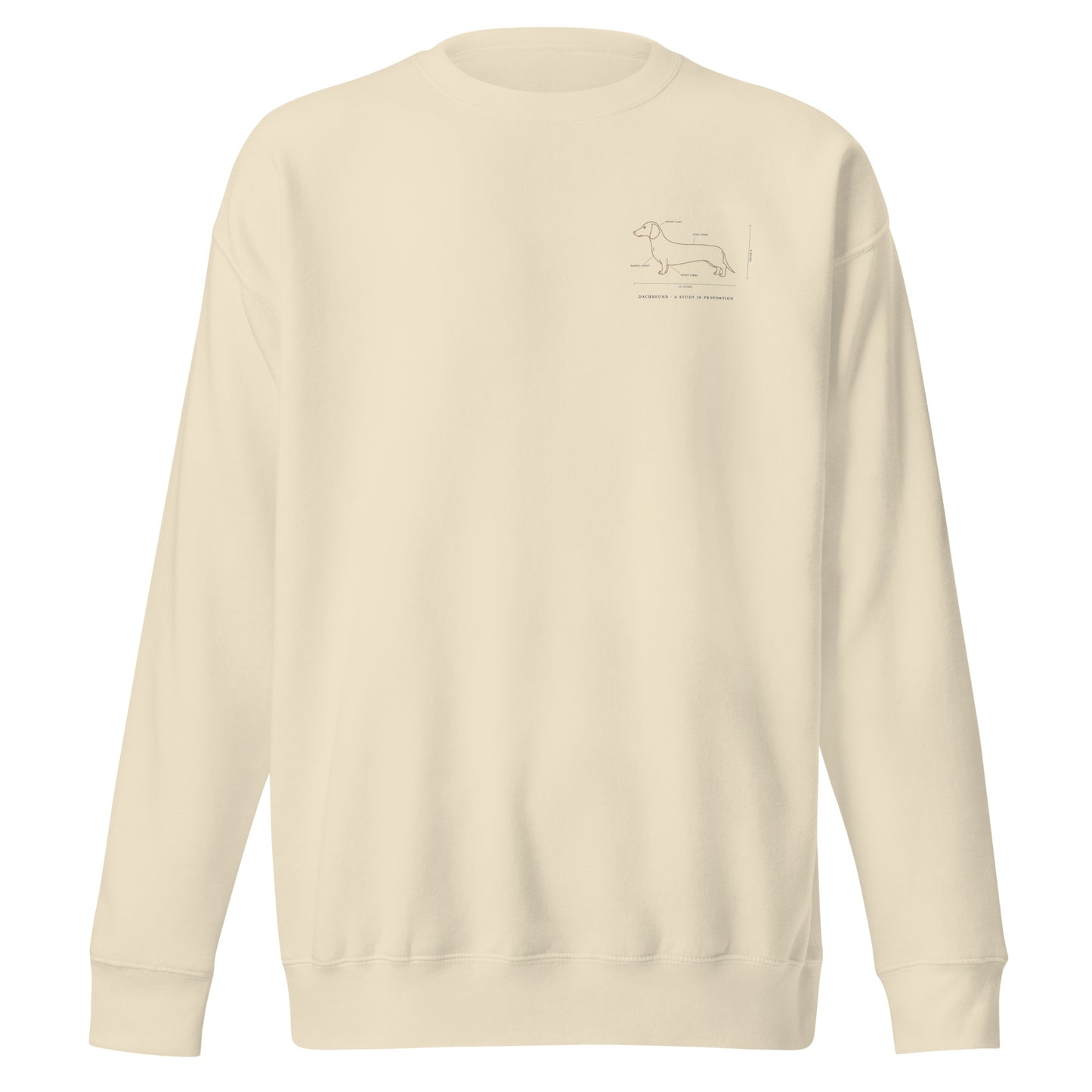 Close-up of embroidered Dachshund silhouette stitched on the crewneck, The Loyal Mark