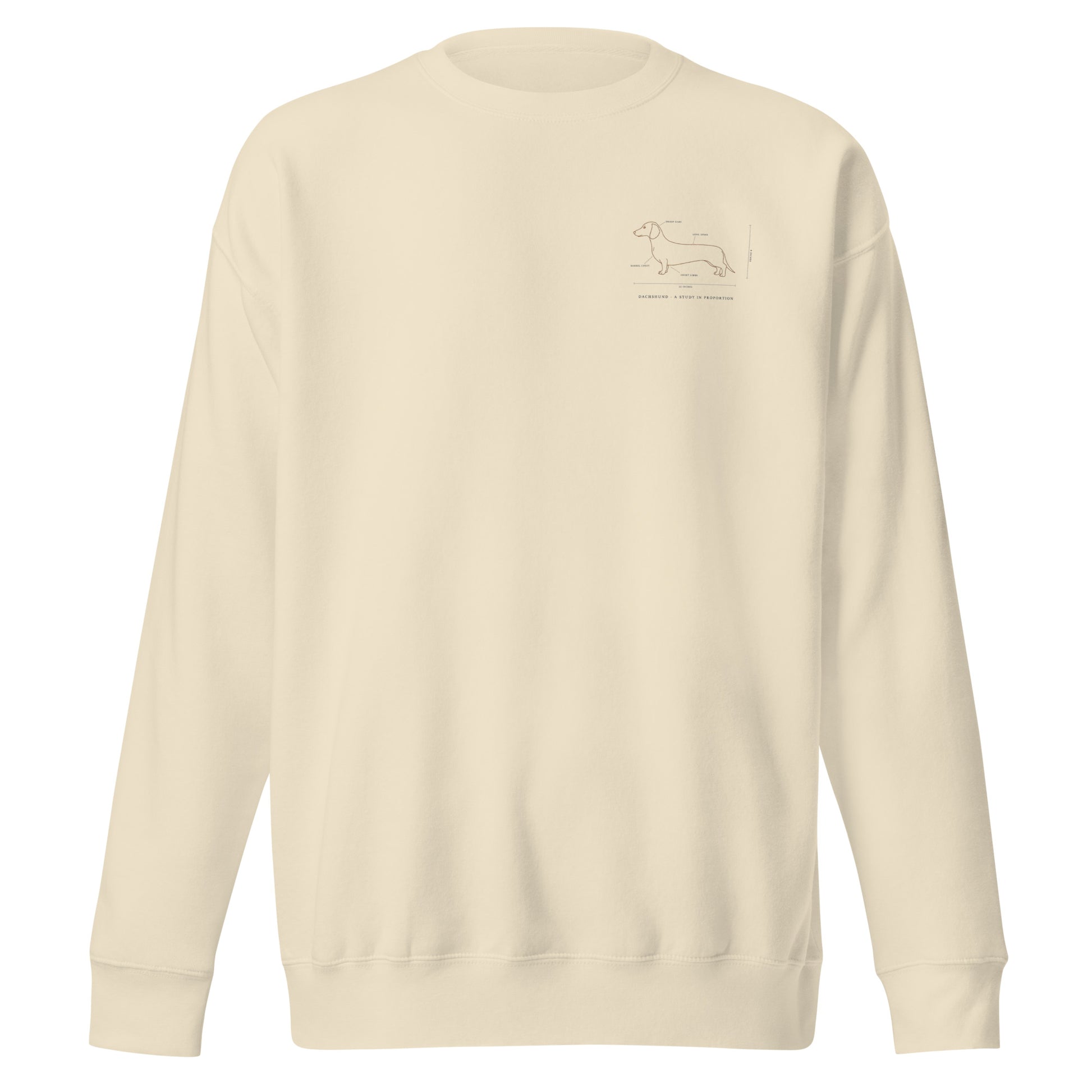 Close-up of embroidered Dachshund silhouette stitched on the crewneck, The Loyal Mark