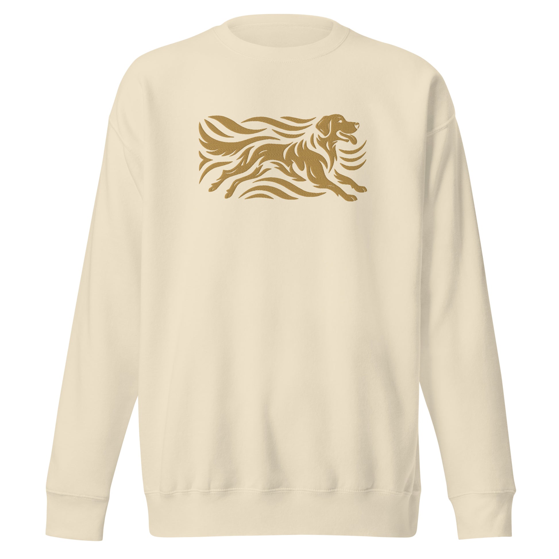 Close-up of embroidered Golden Retriever silhouette stitched on the crewneck, The Loyal Mark