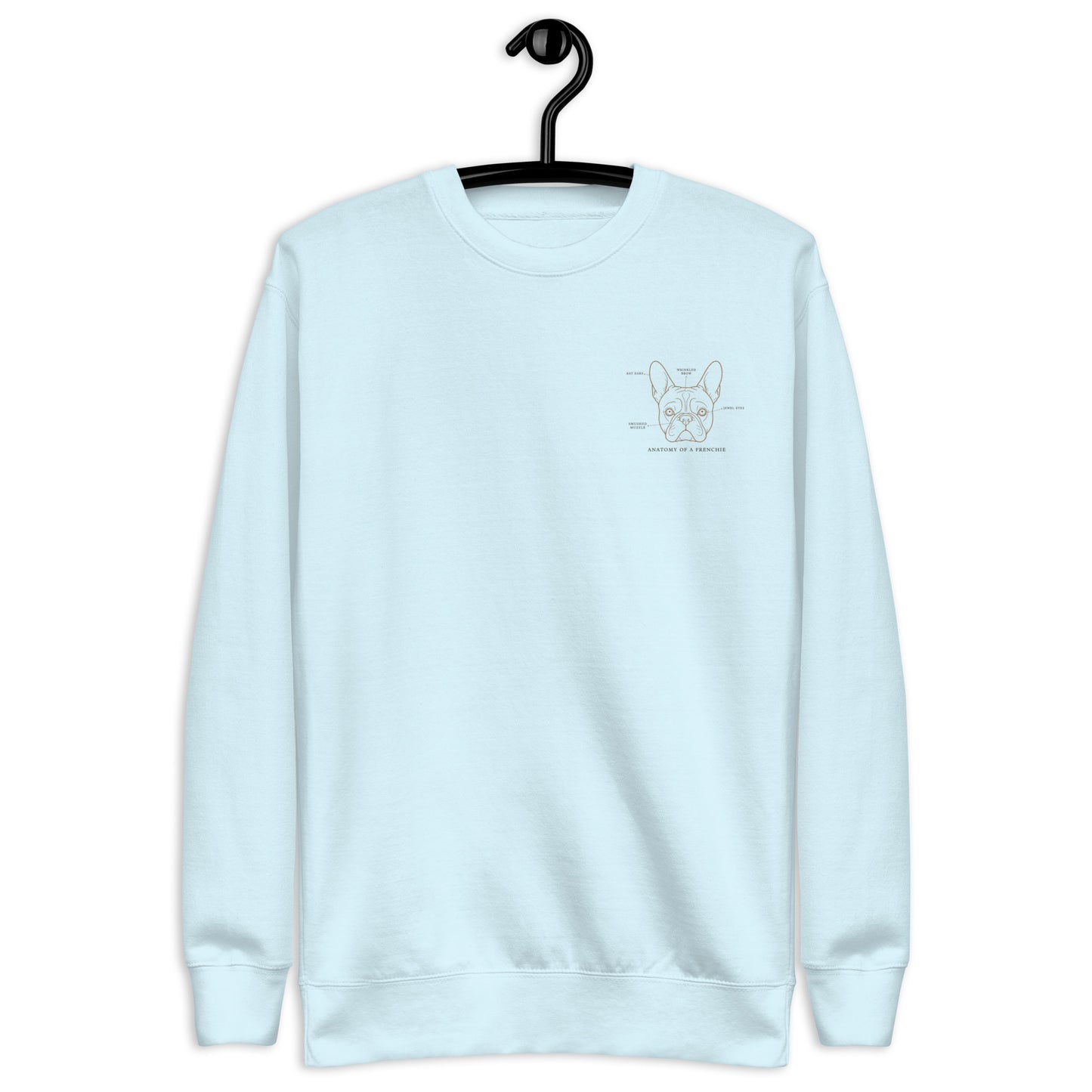 Lifestyle shot of the embroidered French Bulldog crewneck, The Loyal Mark