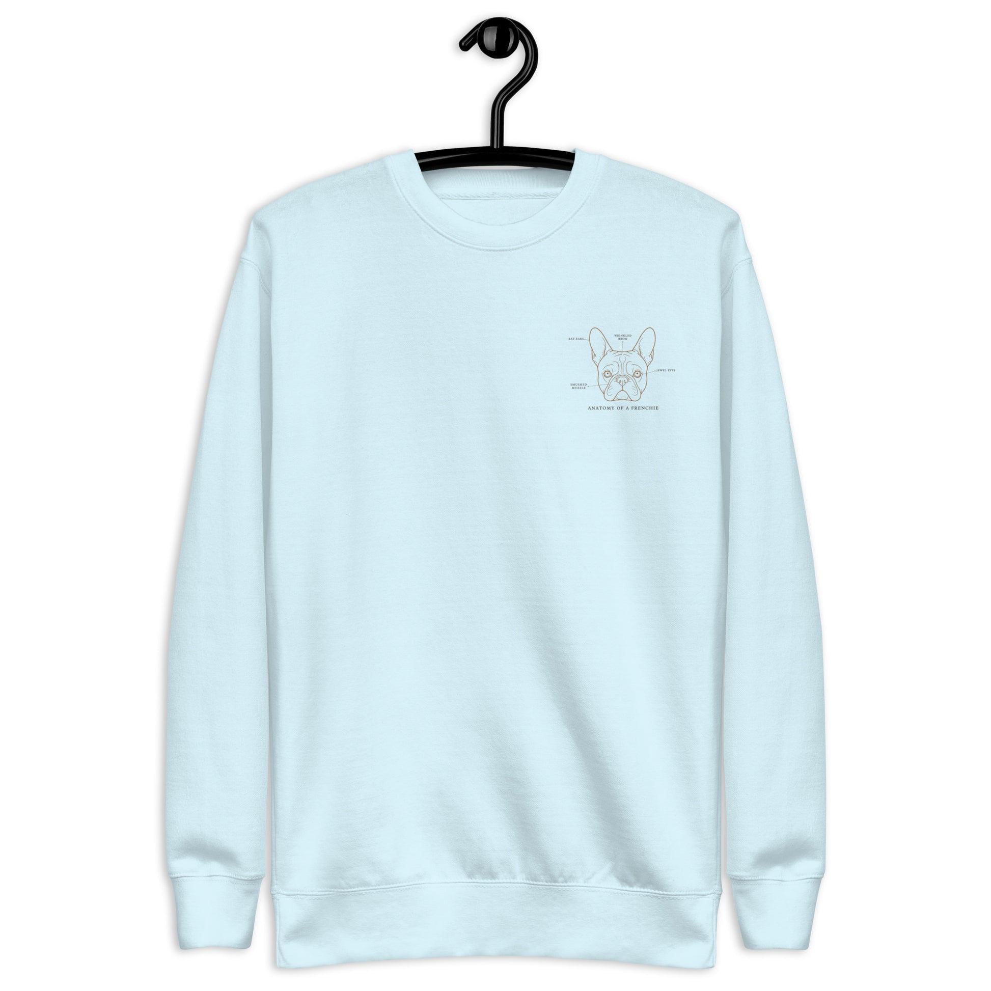 Lifestyle shot of the embroidered French Bulldog crewneck, The Loyal Mark