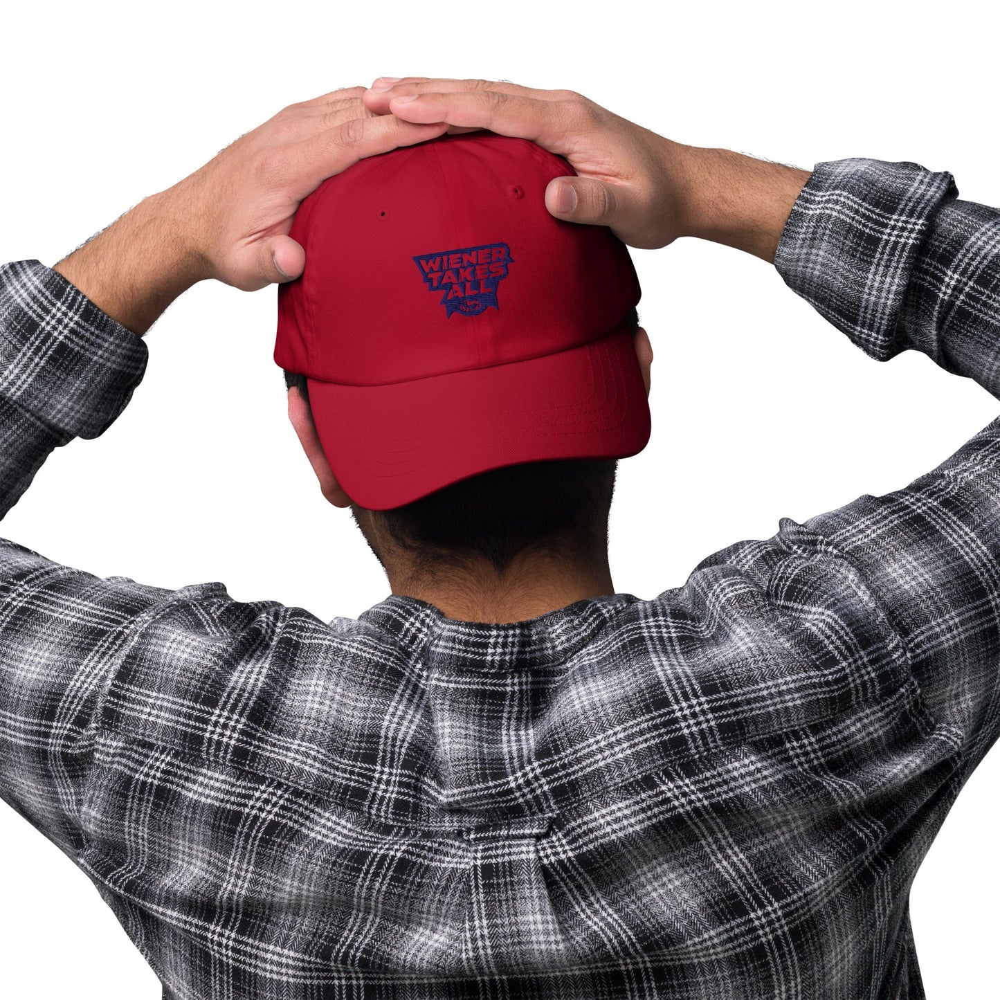 Lifestyle shot of the embroidered Dachshund cap, The Loyal Mark