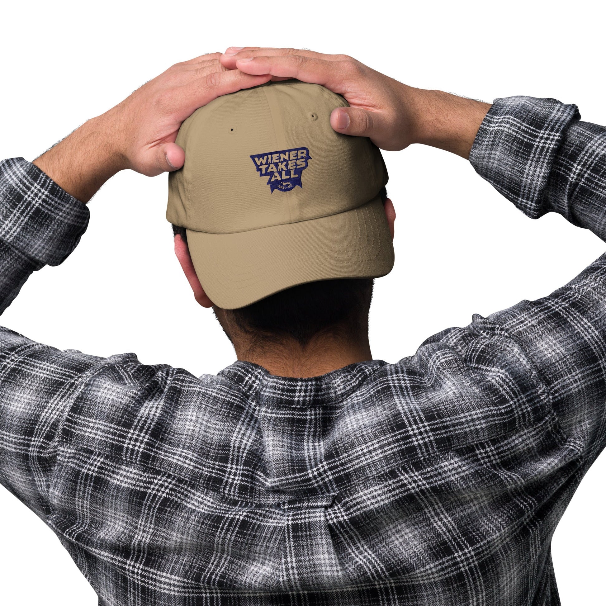 Lifestyle shot of the embroidered Dachshund cap, The Loyal Mark