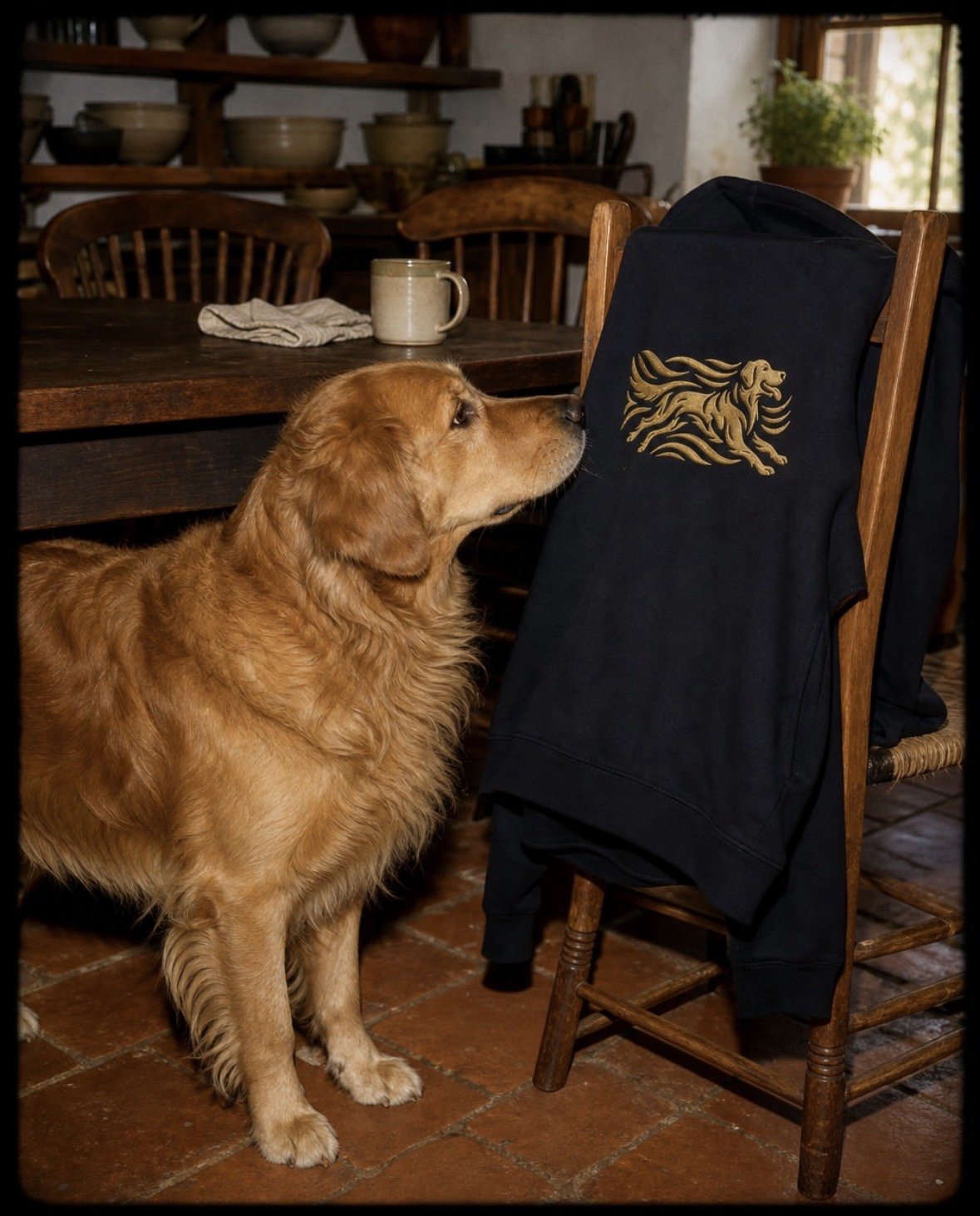 Golden Retriever wearing The Loyal Mark embroidered hoodie