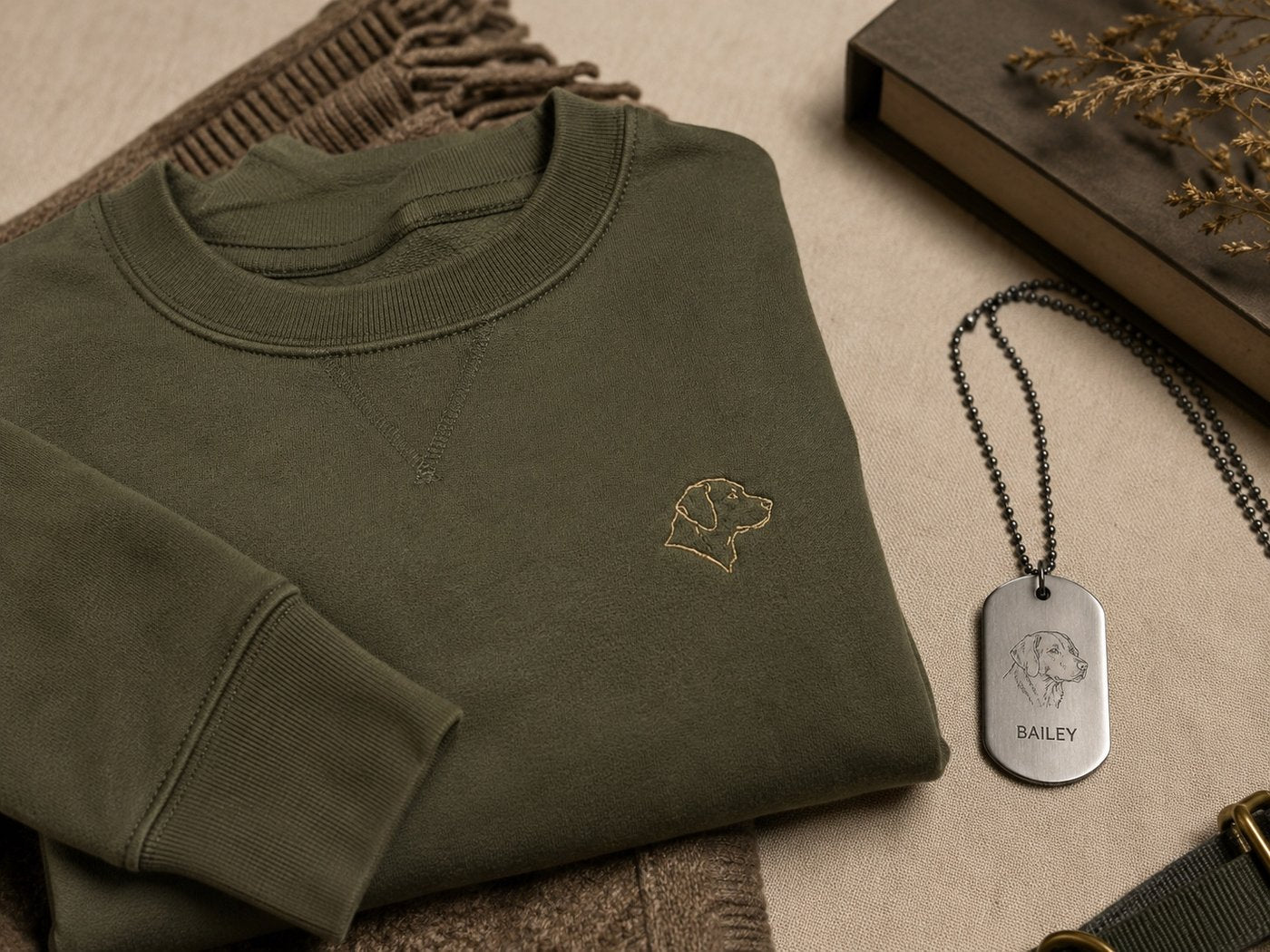 Olive crewneck with personalized Bailey tag