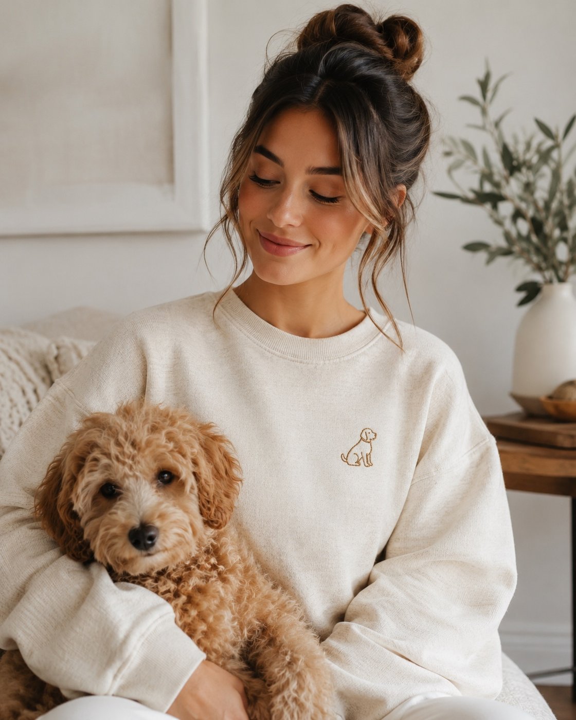 Goldendoodle owner in cream sweatshirt