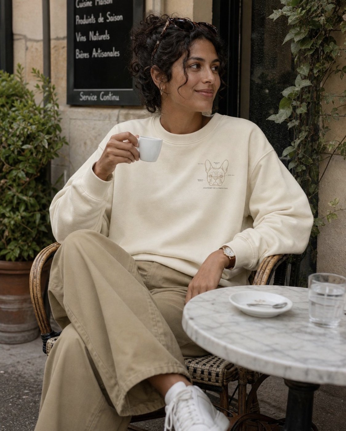 Woman wearing Anatomy of a Frenchie sweatshirt at café